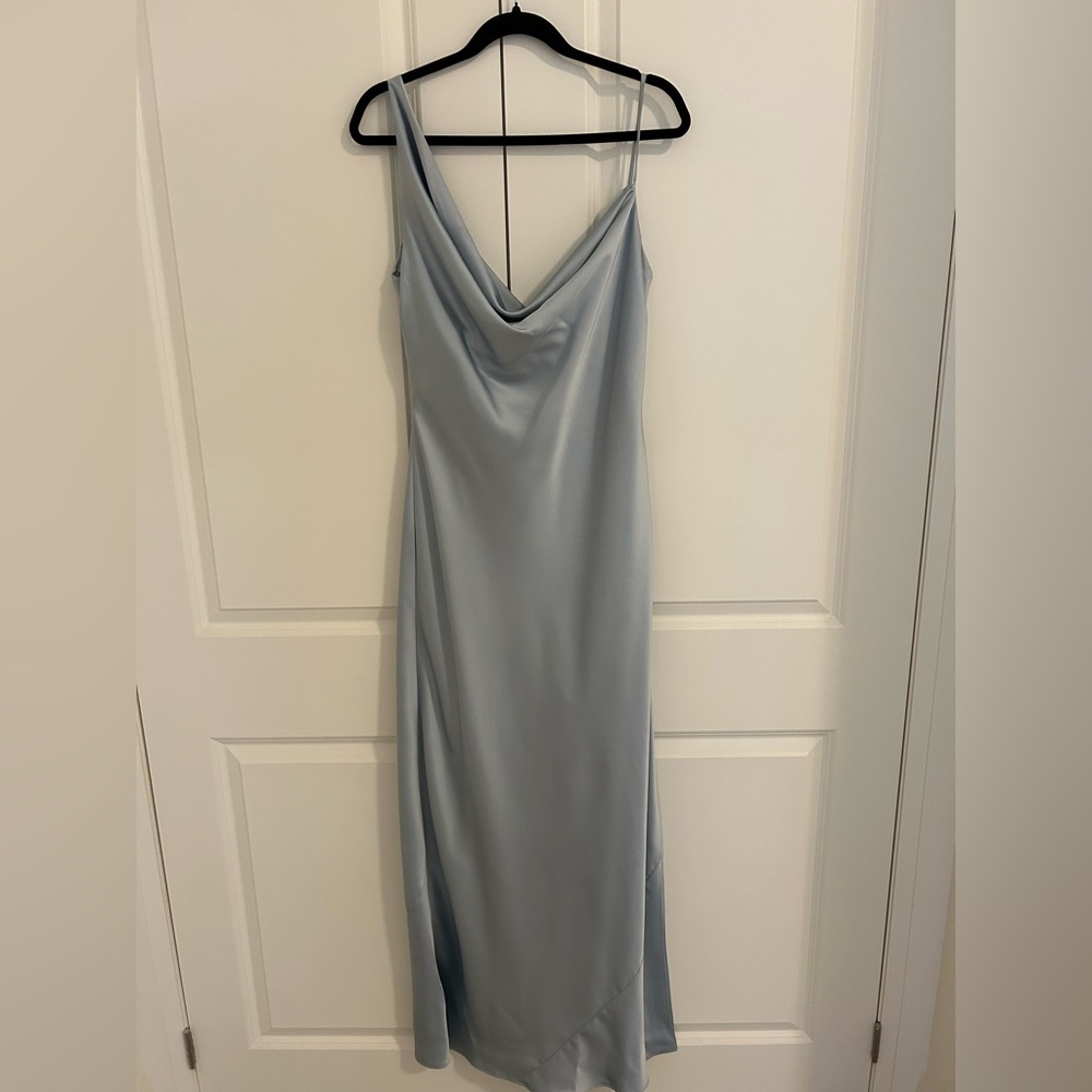 Dessy Collection Blue One Shoulder Asymmetrical Cowl Maxi Dress